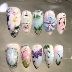 Hand-Painted Spring Garden Press-On Nails - 3D Butterfly & Floral Art