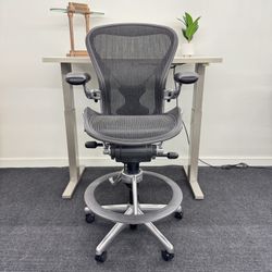 HERMAN MILLER CLASSIC AERON STOOL (BAR HEIGHT) FULLY LOADED WITH POSTURE FIT, POLISHED ALUMINUM FINISH 
