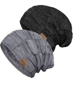 2 Pack Slouchy Beanie Winter Hats for Men and Women, Thick Warm Oversized Knit C