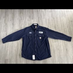 Carhartt FR Men Button Up Shirt XL Blue 392-20 Workwear Logo Long Sleeve Used
