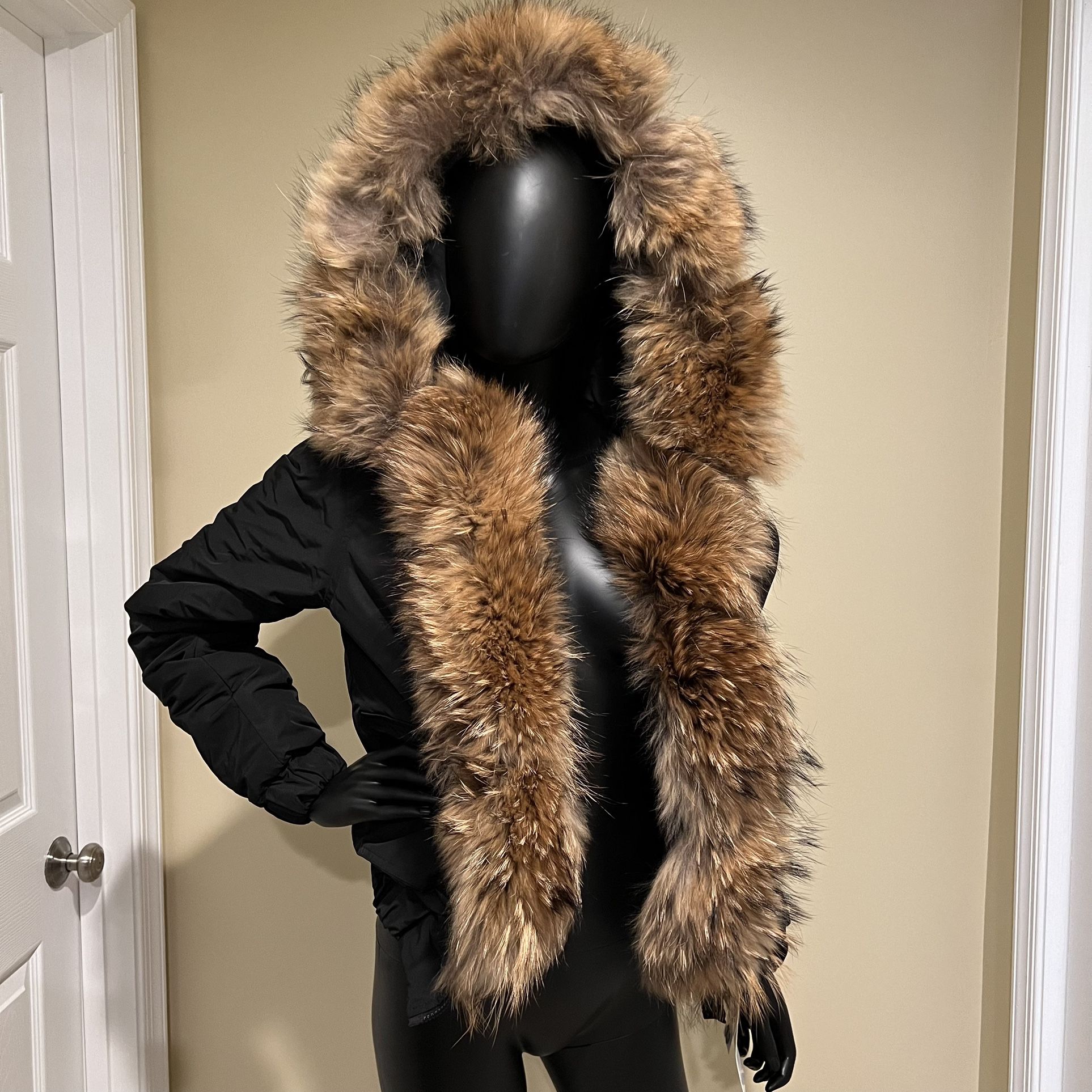 Crop bomber Jacket Parka coat raccoon fur trench winter jacket lined hooded warm