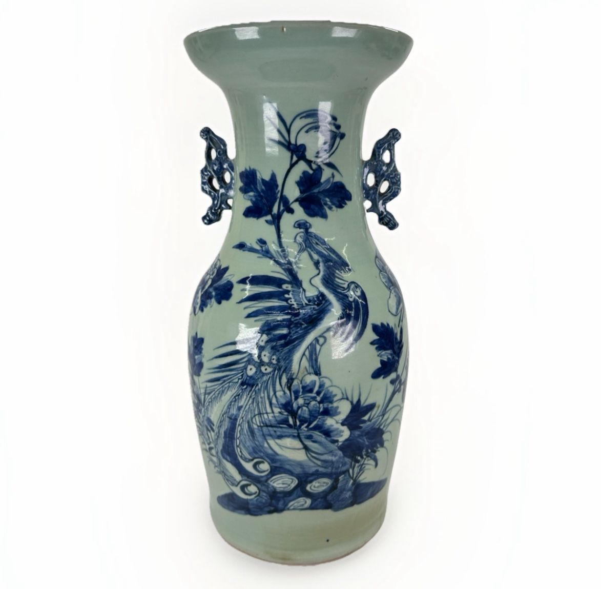 Large Chinese Blue Celadon Porcelain Vase Qing Dynasty Phoenix Bird 19th Century
