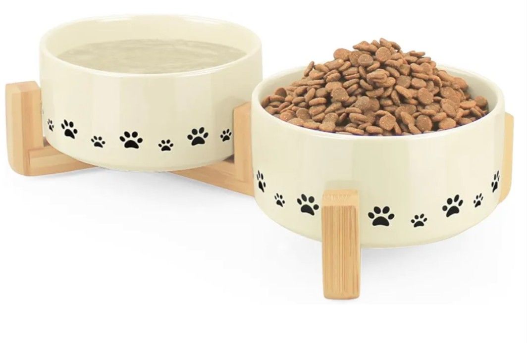 New - Ceramic Raised PetFood and Water Bowl Set for Small Dogs and Cats, 14 oz, Beige