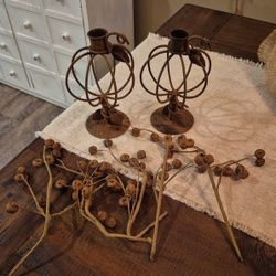 Rustic Brown Distressed Metal Lantern Candle Holders. (2)