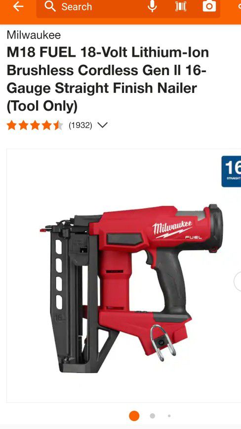 For Sale Lightly Used Milwaukee M18 FUEL 18-Volt Lithium-Ion Brushless Cordless Gen 2  16-Gauge Straight Finish Nailer Tool-only Model 3020-20  