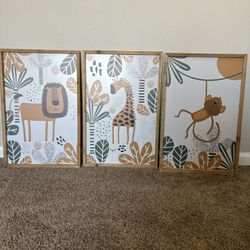 NEW Set Of 3 Safari Animal Framed Wall  Prints 