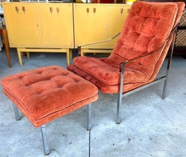 Vintage Milo Baughman From Thayer Coggin Chrome Metal Lounge Scoop Regency Lounge Chair With Ottoman