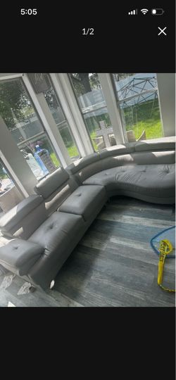 Gray Leather Curved Sectional Sofa