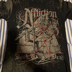 Affliction T-Shirt "BOOK OF THE DEAD" Large Skull Reaper Cross Black Vintage