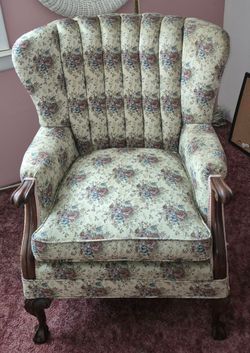 Vintage Floral Upholstered Armchair with Carved Wood & Claw Feet
