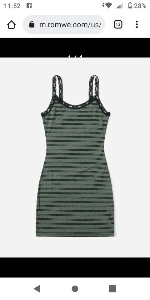 Dusty Green & Black Striped Dress With Lace Trim SZ Small #16