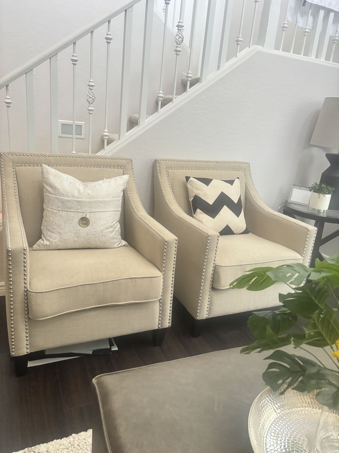 Set of Two Beige Accent Sofa Chairs With Studded Trimming 