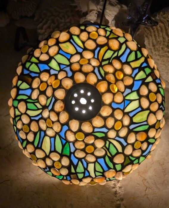 exquisite vintage custom handcrafted stained glass and seashell lampshade 12 in