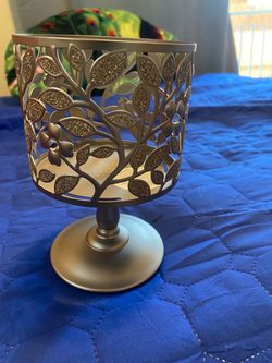 Metal Pedestal Candle Holder with Floral Cutout