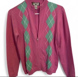 Pink & Green Preppy Zip-Up Sweater | Country Club Chic Lightweight Layer Size PM