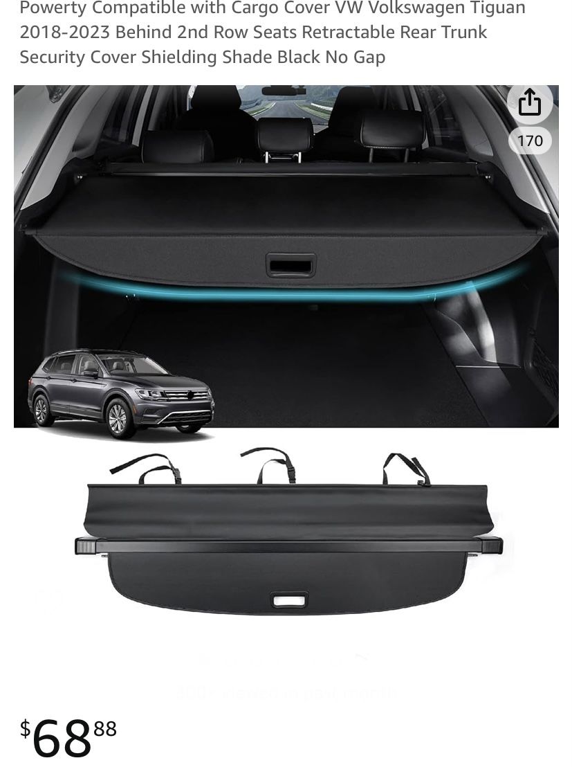 Powerty Compatible with Cargo Cover VW Volkswagen Tiguan 2018-2023 Behind 2nd Row Seats Retractable Rear Trunk Security Cover Shielding Shade Black No