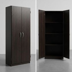 ​Modern Dark Walnut 2-Door Freestanding Storage Cabinet w/ Shelves