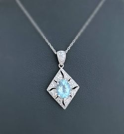 Jewelry 10k solid white gold Pendant natural diamonds 0.30CTW diamonds aquamarine 1.5CTW triangle charm