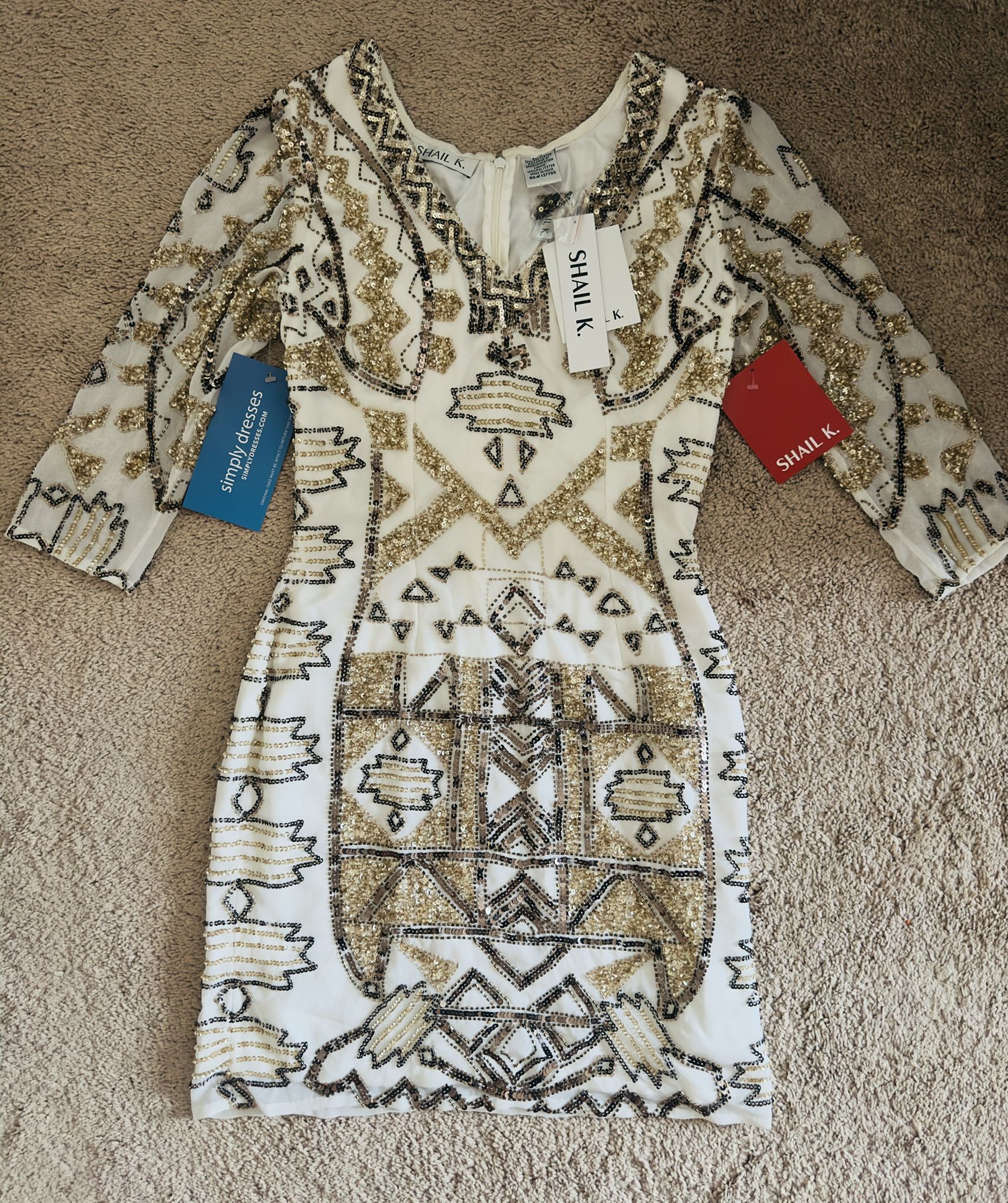 Beaded Cocktail Dress, 100% silk Party Dress Size 6 , Color: White/gold