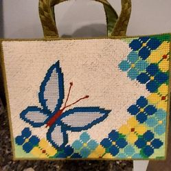 Vintage Handmade Needlepoint Butterfly Handbag Tote Crochet Embroidery 