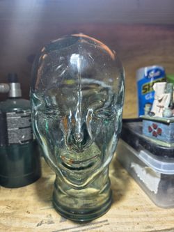 Vtg Aqua Clear Glass Head Life Size Mannequin Wig or Hat Display Spain Heavy 11"