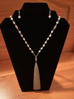 X-Long beaded silver necklace and earring set.