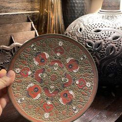 Beautiful vintage etched brass enamel decorative plate