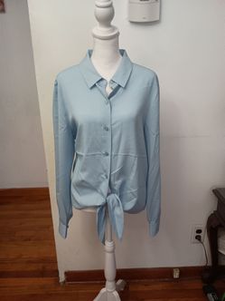 NWT Karl Lagerfeld Light Blue Tie-Front Button-Down Shirt Top Large