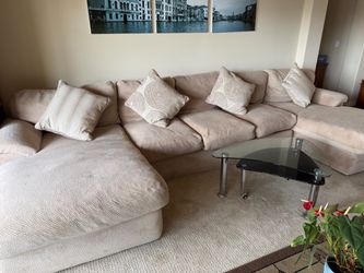 Large Beige Fabric Sectional Sofa with Chaise