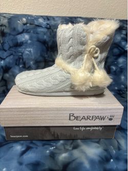 Bearpaw Kinsley Gray Cable Knit Faux Fur Lined Bootie Slippers … Size 9-10
