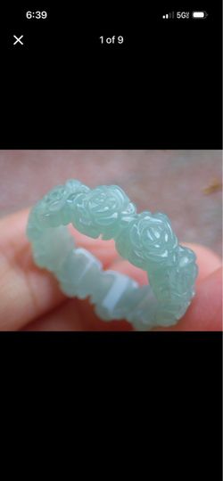 Certificate Jadeite white Green Jade good fortune Rose Flower link ring size6.75