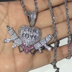 Brand New Men’s 14k white gold finish 3D Heart Drip with Gun Love pendant Fully Iced Out with Rope Chain