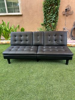 Black Faux Leather Tufted Futon Sofa