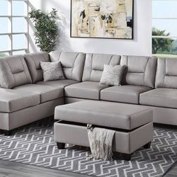 Brand New Light Grey  Leather 3pc Reversible Sectional Sofa With Storage Ottoman 