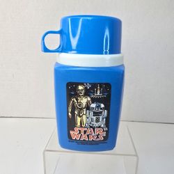 Vintage 1977 Star Wars Lunchbox Thermos Only C-3PO & R2-D2 Complete w/ Lid Blue