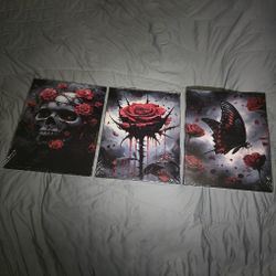Framed Art Set of 3, Rose Skull Butterfly Canvas, Gothic Halloween Decor, Black and Red (11"x 14")
