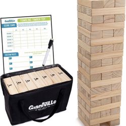 Large Wooden Tumbling Block Tower Game – Solid Pine Wood – Indoor & Outdoor Floor Game – 56 Jumbo Blocks with Storage Bag – Over 4 Ft Tall 