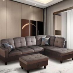 Dark Brown Microfiber Sectional Sofa W/ Ottoman And Pillows  Brand New In Boxes