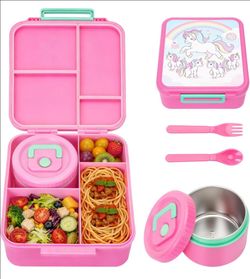 Kids Bento Lunch Box with 12oz Soup Thermo, 4 Compartments Leak Proof Lunch Box, Stainless Steel Insulated Food Jar for Girls Back to School, Daycare,