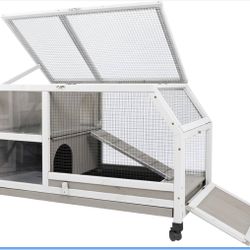 Indoor Rabbit Hutch - 36''L Outdoor Wooden Bunny Hutch with Wheels Rabbit Cage Guinea Pig