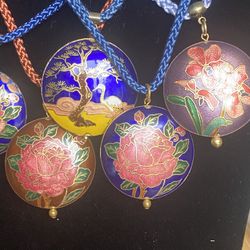 Lot of 9 Vintage Chinese Cloisonné Pendant Necklaces w/ Floral Decorations. 