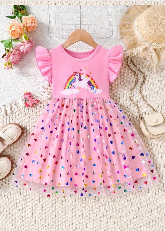 Cute Pink Unicorn Cartoon Print Dress with Ruffle Detail and Tulle Skirt