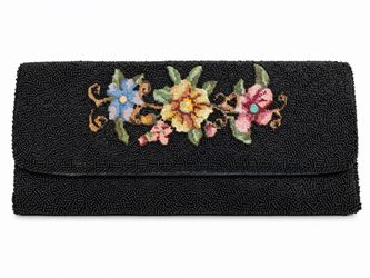 Vintage 1940’s Black Beaded Floral Needlepoint Clutch Purse Made in Hong Kong Evening Bag