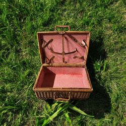Vintage Woven Wicker Picnic Basket with Red & White Gingham Lining