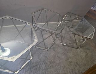 Metal & Glass Living Room Table Set — Coffee Table + 2 End Tables.
