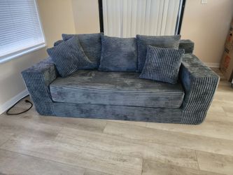 Blue Corduroy Boneless Sofa with Throw Pillows