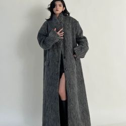 Gray Color Long Fur Coat Jacket Women Size Small