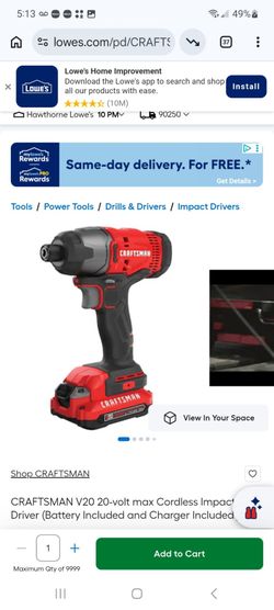 CRAFTSMAN V20 20-volt max Cordless Impact Driver $90