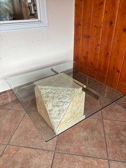 Vintage Postmodern Travertine and Glass Coffee Table