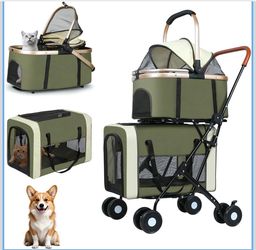 Double Pet Stroller for Dogs and Cats: Dog Stroller Foldable Travel Carriage with Detachable Carriers, Safety Belts, and 4 Lockable Wheels for Small t